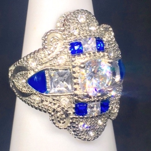 Art Deco Beautiful Vintage Style Blue & White Sapphire Stamped Ring - Picture 3 of 8